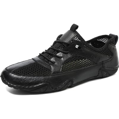 Echt Leer Nieuwe Heren Casual Sneaker plus Maat Stiksel Ademend Mesh Oppervlak Schoenen 46 black