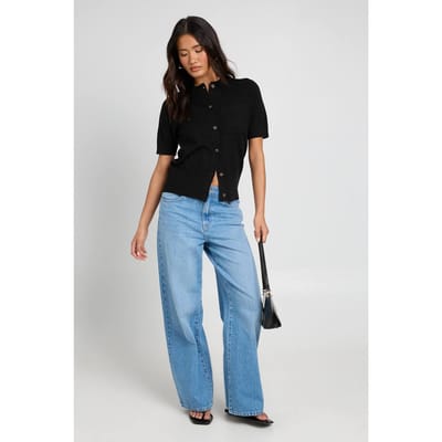 boohoo Dames Gebreid Topje Met Getrokken Zoom En Knoopsluiting | Zwart | Maat: Small