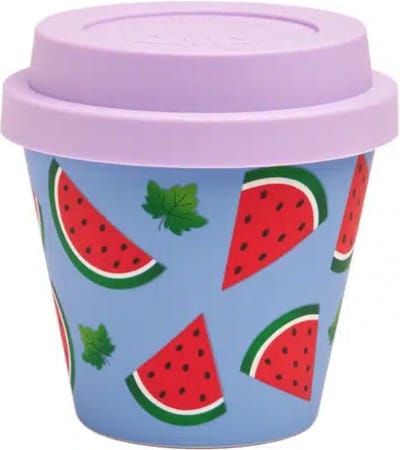 Quy Cup - 90ml Ecologische Reis Beker - Espressobeker “Watermelon” met paars Siliconen deksel 7x7x7cm