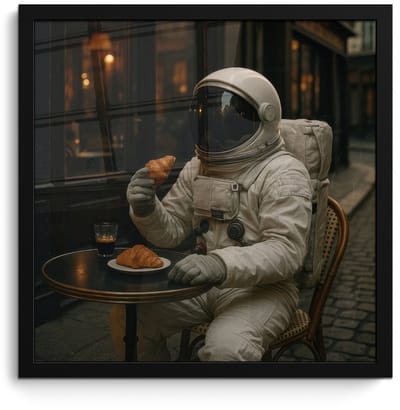 Poster in lijst - Fotolijst 40x40 cm - Posters - Café - Croissant - Koffie - Astronaut - Posterlijst zwart - Decoratie - Wanddecoratie woonkamer - Muurdecoratie slaapkamer