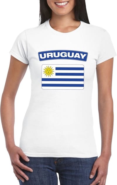 Vlag Uruguay t-shirt - wit - met vlag van het land print - voor dames - korte mouwen - supporters S