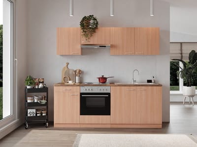 Goedkope keuken 210 cm - complete keuken met apparatuur Gerda - Beuken/Beuken - elektrische kookplaat - afzuigkap - oven - spoelbak