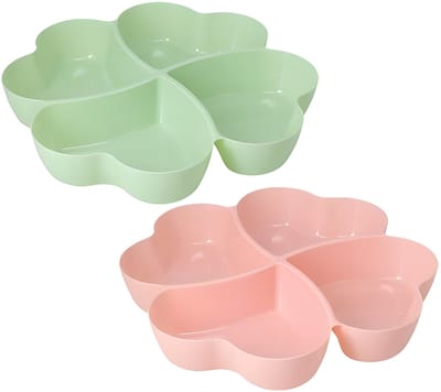 Snackschaal / serveerschaal bloem - set 2x - met vakverdeling - roze / groen - kunststof - D32 cm - Serveerschalen