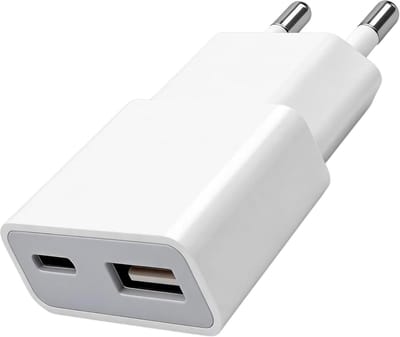 USB-voedingsadapter, 5 W, Europese stekker, oplader, slanke stekker, 5 V 1 A, 2 poorten: USB-C + A, compatibel met e-readers, elektrische tandenborstels, mediaspelers en smartphones, wit