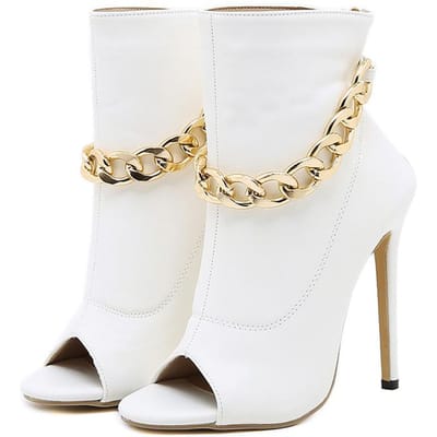 Liyke Hoge Kwaliteit Wit Leer Basis Laarzen Dames Enkelsandalen Mode Metalen Ketting Design Dunne Hakken Pumps Peep Toe Rits Schoenen 35&CHINA