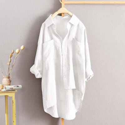 Dames Losse Grote Maat Middellange Linnen Top Katoen Linnen Lange Mouw Shirt S white