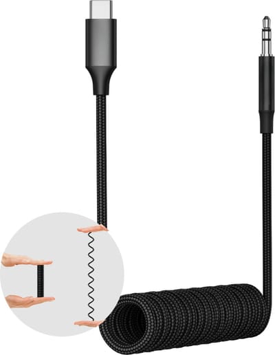 Spiraalsnoer Aux naar USB C Kabel - Krulsnoer uitrekbaar tot 1,50M - Jack 3,5mm naar USB-C - Zwart - Gevlochten