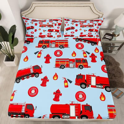 Brandweerwagen Hoeslaken Cartoon Auto Beddengoedset voor Jongens, Brandweerman Hoeslakenset Brandweerauto Voertuig Brandweerwagen Bedsprei 120x200cm