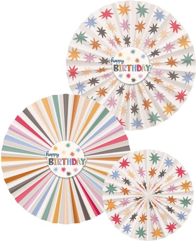 Folat - Deco papieren waaiers Set - Starburst Happy Birthday (3 stuks)