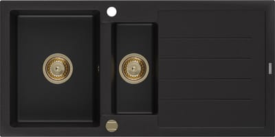Mexen Andres granieten spoelbak 1,5-komerig met afdruiprek 1000 x 500 zwart, gouden sifon - 6515101510-77-G