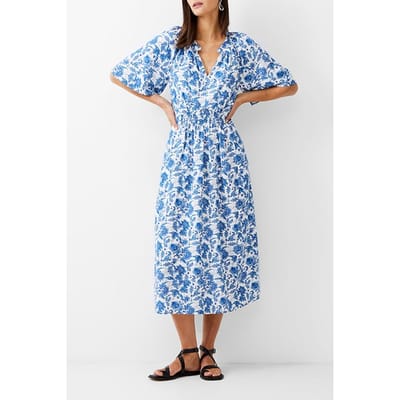 French Connection Cosette Smock Waist Midi Dress White/baja Blue Size: 6 | Midi Dresses Outlet | Dames | Blauw