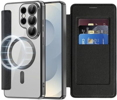 Premium schokbestendige magnetische folio hoes voor Galaxy S26 Ultra, compatibel met MagSafe, transparant en met kaarthouders, getest volgens militaire standaard