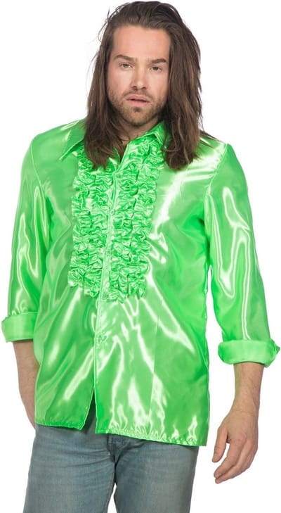 Jaren 80 & 90 Kostuum | Groene Ruchesblouse Satijn Foute Neon Disco | Maat 56 | Carnaval kostuum | Verkleedkleding