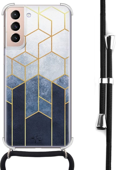 Hoesje met koord geschikt voor Samsung Galaxy S21 - Geometrisch fade art - Inclusief koord - Crossbody beschermhoes - Transparant, Blauw - Mooie Telefoonhoesjes
