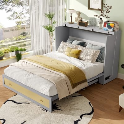 Sweiko Houten bed - 140 x 200 cm - Opbergkast - USB-poorten - Verstelbaar platformbed - Grijs