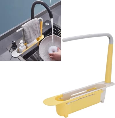 Telescopische Opbergrek voor Spons en Keukenaccessoires, Uitbreidbare Organizer voor Aanrecht, Geel kunststof met Ruimtebesparing