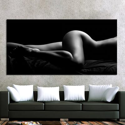 Allernieuwste.nl® Canvas Schilderij * Sexy Naakte Vrouw in Zwart Wit * - Kunst aan je Muur - Body Art Model - Zwart-wit - 60 x 120 cm