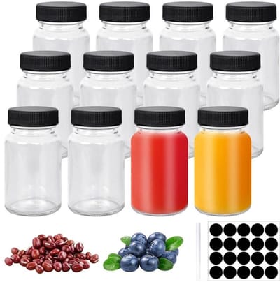 Famanu - Set van 12 doorzichtige glazen flesjes 60 ml met deksel, etiketten en pen, ideaal voor sap en gember – Transparant