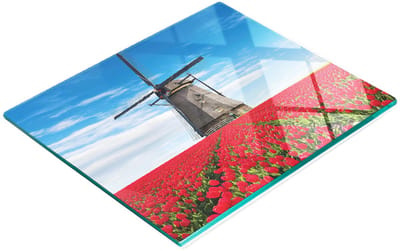 Glazen keukensnijplank met tulpenmolenmotief, 60x52 cm