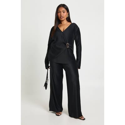 boohoo Dames Plus Plisse Wijde Pijpen Broek | Black | Maat: 16
