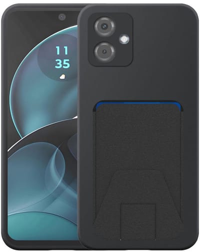 Geschikt voor Motorola Moto G14 Telefoonhoesje met Verstelbare Leren Pasjeshouder - Flexible Back Cover Case Siliconen TPU with Adjustable Leather Cardslot - Zwart - Smartphonica geschikt voor Motorola Moto G14