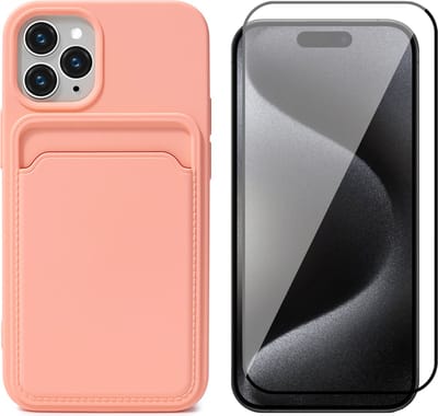 Hoesje Pasjeshouder geschikt voor iPhone 15 Pro - Screenprotector FullGuard - Siliconen Case Back Cover Roze & Screen Protector