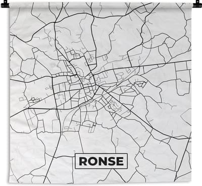 Wandkleed - Wanddoek - Stadskaart – Plattegrond – België – Zwart Wit – Ronse – Kaart - 180x180 cm - Wandtapijt