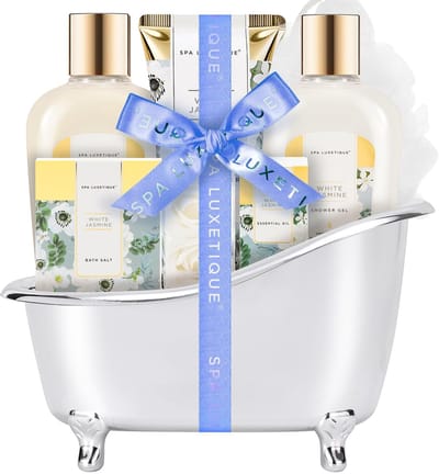 Spa Luxetique - White Jasmine - Geschenkset Vrouwen - Verwenpakket Dames - Cadeaupakket in zilveren badkuip - wellness bath - Verjaardag cadeau vrouw - Kado vrouwen, moeder, vriendin, zus, oma, mama - Giftset Cadeautje volwassenen