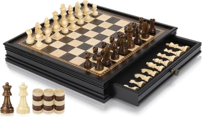 Magnetische Houten Schaakbordset 32.5 cm Met 2 Opbergladen & Extra Koninginnen Draagbaar 2 in 1 Schaakspel Voor Kinderen & Volwassenen