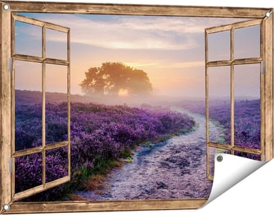Gards Tuinposter Doorkijk Pad in de Weide van de Veluwe - 90x60 cm - Tuindoek - Tuindecoratie - Wanddecoratie buiten - Tuinschilderij
