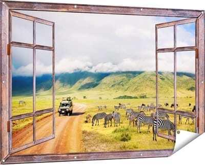 Gards Tuinposter Doorkijk Safari Auto tussen de Zebra's - 150x100 cm - Tuindoek - Tuindecoratie - Wanddecoratie buiten - Tuinschilderij