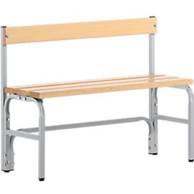 Kleedkamerbank, stalen buizen/hout, enkel, met rugleuning, L 1015 mm, blank aluminium