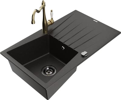 Mexen Cesar granieten spoelbak 1-compartiment met afdruiprek en keukenkraan Carla, zwart/goud metallic - 6514-75-670700-50-B