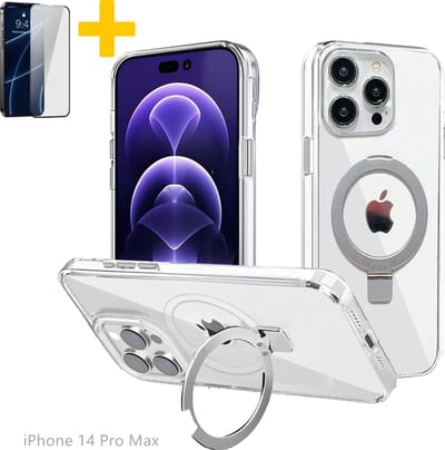 Hoesje voor iPhone 14 Pro Max, Compatibel met MagSafe, Magnetische Case met 360° Draaibare Standaard, Anti-Verkleuring Hoes, PC Lichtgewicht-Zilver - Screenprotector