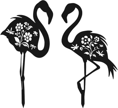 Dailygoods- Tuinpalen 2st - Flamingo Tuindecoratie - Metalen Tuinpalen - Buitendecoratie - Decoratieve Tuinpalen - Zwart, 31,5 x 18 cm.