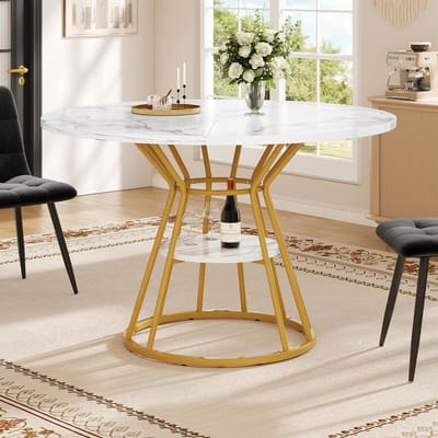 Eettafel Rond - Keukentafel Eetkamer - Gezellig Tafelen - Met Marmerlook Blad - 100 cm Diameter - Goud