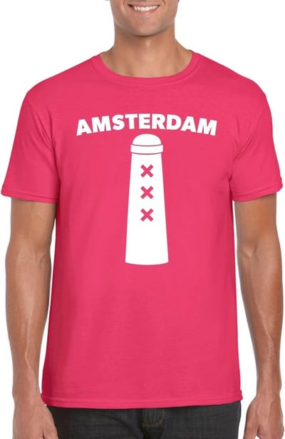 Gay Pride Amsterdam shirt roze met Amsterdammertje heren S