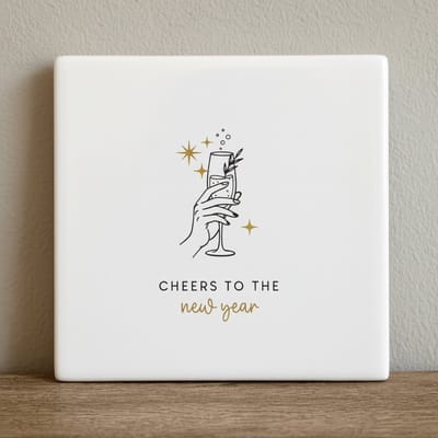 Cheers to the New Year Tegel – Elegante Champagne Lijnkunst Wanddecoratie – Keramische Tegel 15 × 15 cm