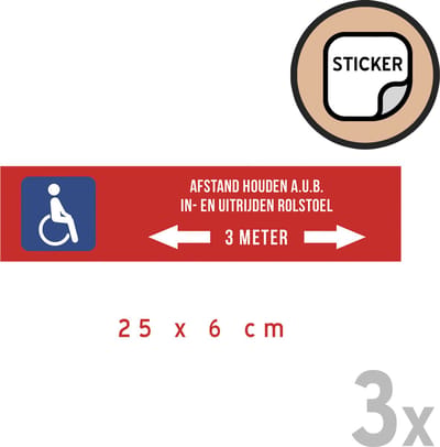 Pictogram/ stickers (3x) (small model) | "Afstand houden a.u.b. - In- en uitrijden rolstoel - 3 meter" | 25 x 6 cm | Gehandicapt | Invalide | Rolstoelgebruiker | Rolstoel | Invaliditeit | Rol stoel | Sticker | 3 stuks