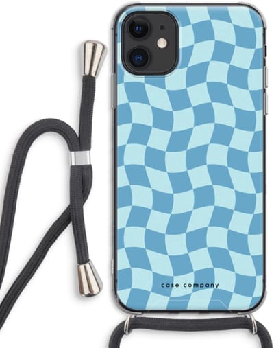Case Company® - Hoesje met koord geschikt voor iPhone 11 hoesje met Koord - Grid Blauw - Telefoonhoesje met Zwart Koord - Bescherming aan alle Kanten en Over de Schermrand