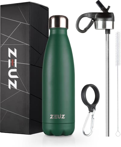ZEUZ Premium RVS Thermosfles & Drinkfles - Isoleerfles – Waterfles met Rietje - BPA Vrij – 500 ml - Mat Groen