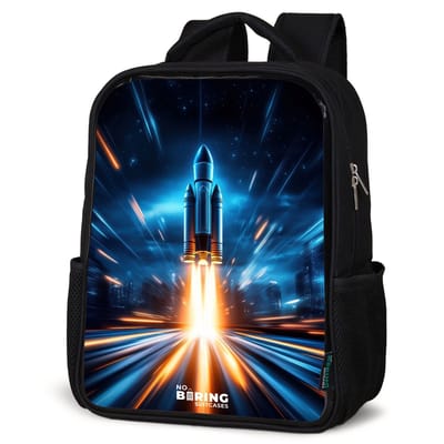 NoBoringSuitcases.com® - Rugzak zwart - Schooltas jongen & meisje - Ruimteraket stijgt op in nachtelijk lichtspektakel - Rugtas voor school - Boekentas kind - Schoolrugzak - Kinderrugzak