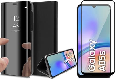 Hoesje geschikt voor Samsung Galaxy A05s - Screenprotector Volledig Dekkend Glas - Spiegel Book Case Zwart