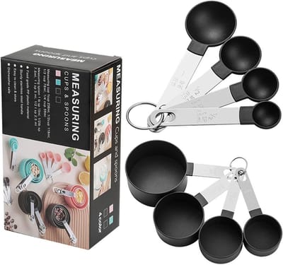 Ronte - Maatbekers en lepels set, stapelbaar met roestvrijstalen handvat, nauwkeurige eetlepel voor droge en vloeibare ingrediënten, kleine theelepel met plastic kop (zwart) - Keukenaccessoires, kookgerei, bakken.