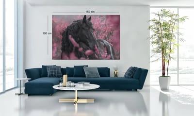 Canvas Schilderij - Zwart Paard tussen Roze Bloemen - 120x80x2 cm