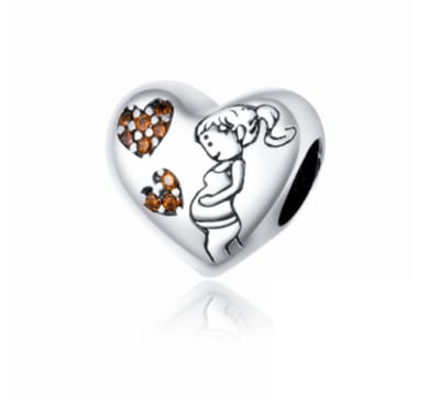Fler® | Bedel | Past op populaire bedel armbanden (standaard-3mm) | armbandbedel | Hartjesbedel | Hart | Zwanger | Zwangerschap | Moederliefde | Moeder | 925 Zilver | Emaille | Zirkonia bruin | Kerst cadeau | Sinterklaas geschenk | Valentijnsdag kado