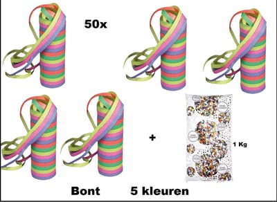 Carnaval mix 50x Papier rollen serpentines gekleurd + 1 kg confetti - Carnaval festival optocht feest party serpentine Evenement bont