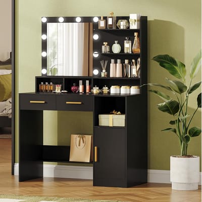 Kaptafel met Spiegel en 10 Ledlampen, Make-Uptafel met 3 Planken en 4 Compartimenten, 2 Lades en Kast, Instelbare Lichtsterktes, Zwart