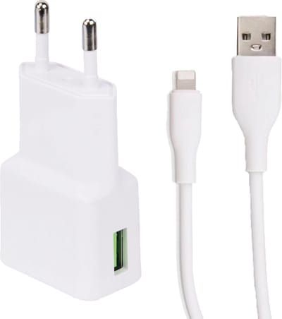 Snellaad Oplader - Snellader Geschikt voor iPhone en iPad - TPE Materiaal - 1 Meter - Oplaadkabel - 15W Vermogen - Adapter USB - Incl. Lightning Kabel - Adaptive Fast Charger - Stekkerblok - Wit