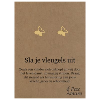 Stainless Steel Vlinder Oorbellen op Cadeau Kaartje - Sla je vleugels uit - ± 10x10mm Oorknopjes Goudkleurig Roestvrij Staal - Pax Amare